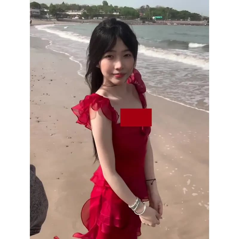 벨트 가슴 패드 지퍼 안감 프랑스식 휴가 장미 품격 길다 끌기 꼬리 민소매 분위기 슬립 드레스 상세 이미지 2