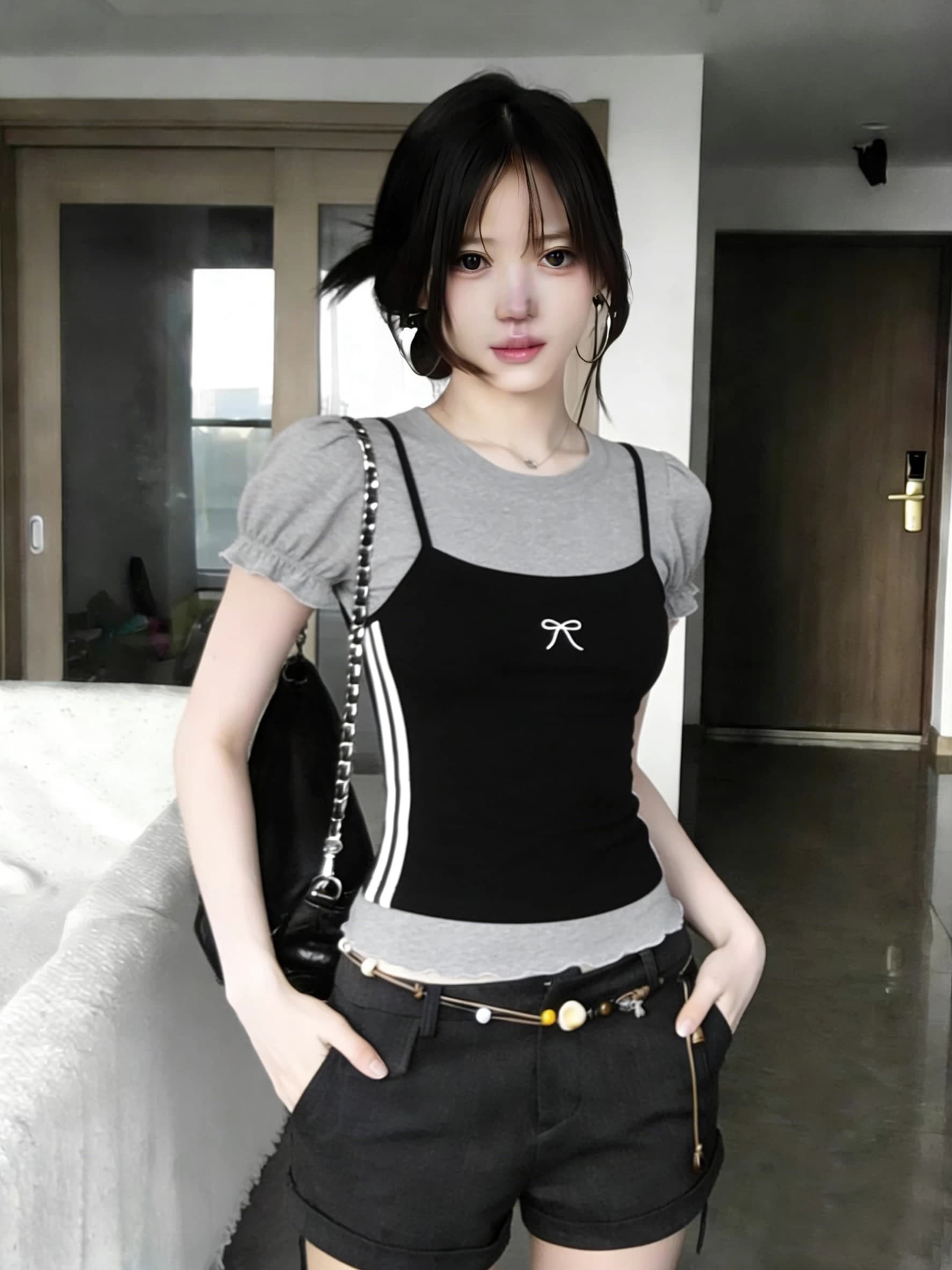 사람들 면 260 그램 페이크 레이어드 버블 반팔 티셔츠 여성 여름 몸매 가꾸기 새로운 슬림해 보이는 스택 착용 품격 핫걸 맨위 상세 이미지 2