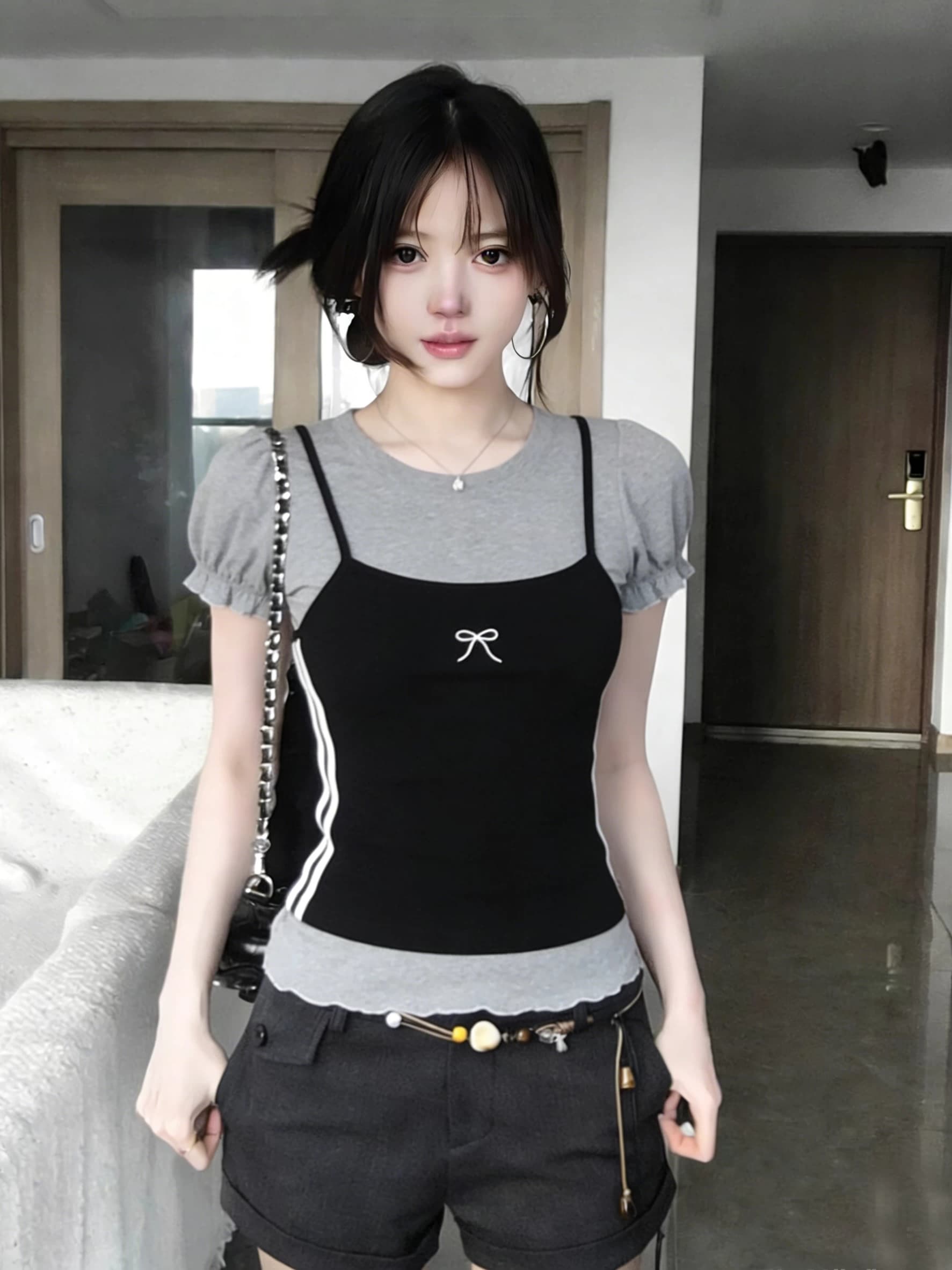 사람들 면 260 그램 페이크 레이어드 버블 반팔 티셔츠 여성 여름 몸매 가꾸기 새로운 슬림해 보이는 스택 착용 품격 핫걸 맨위 상세 이미지 5
