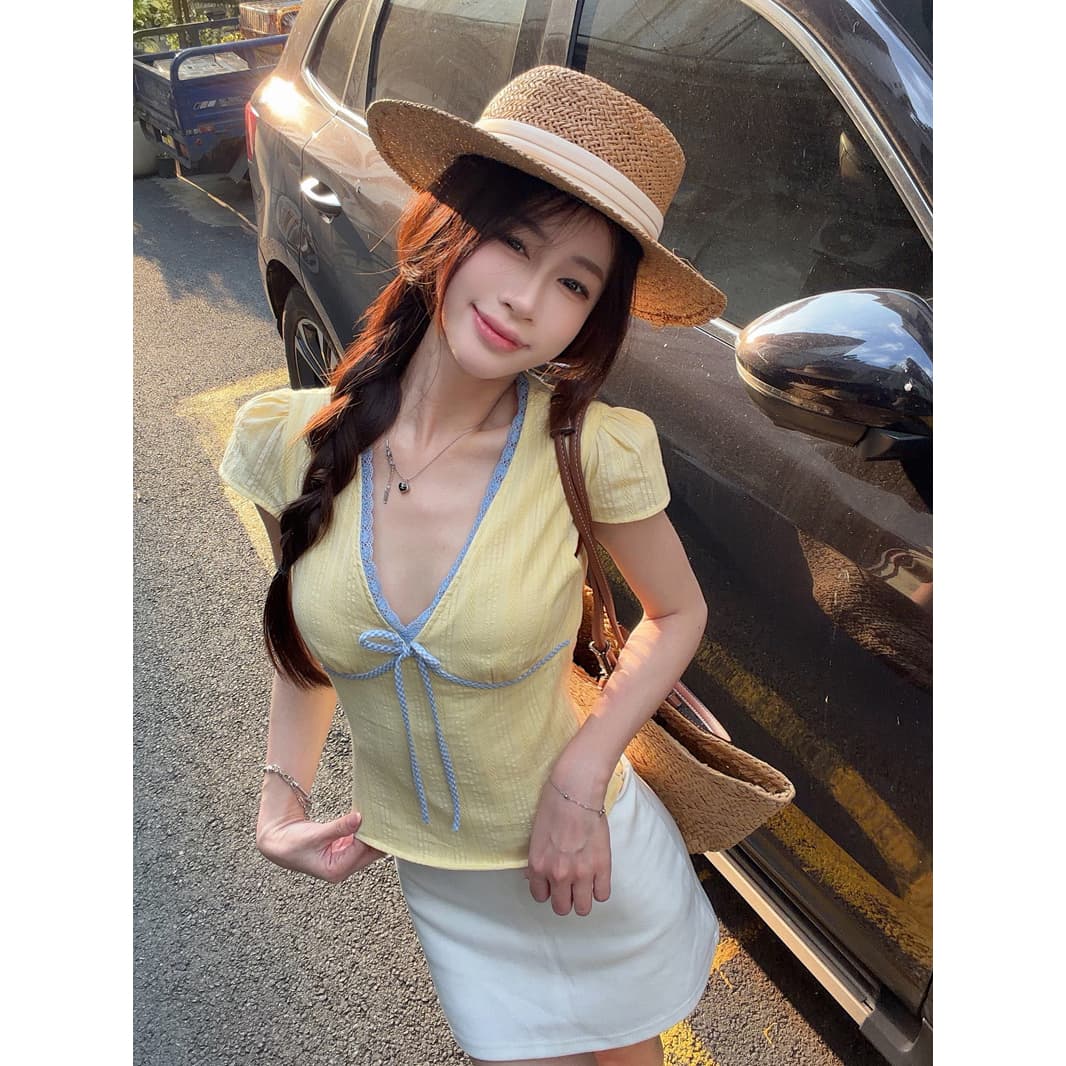 한 부서 순수한 욕망 배색 V넥 반팔 티셔츠 여성 여름 허리 수축 슬림해 보이는 레이스 레이스 품격 맨위 2026 실사 이미지 4