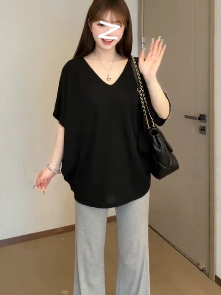 경관 그림 순수한 욕망 느긋한 루즈핏 배트윙 소매 V넥 비스듬한 어깨 반팔 마이크로 ~을 통해 차가운 센스 얇은 스타일 블라우스 티셔츠 여성 상세 이미지 3
