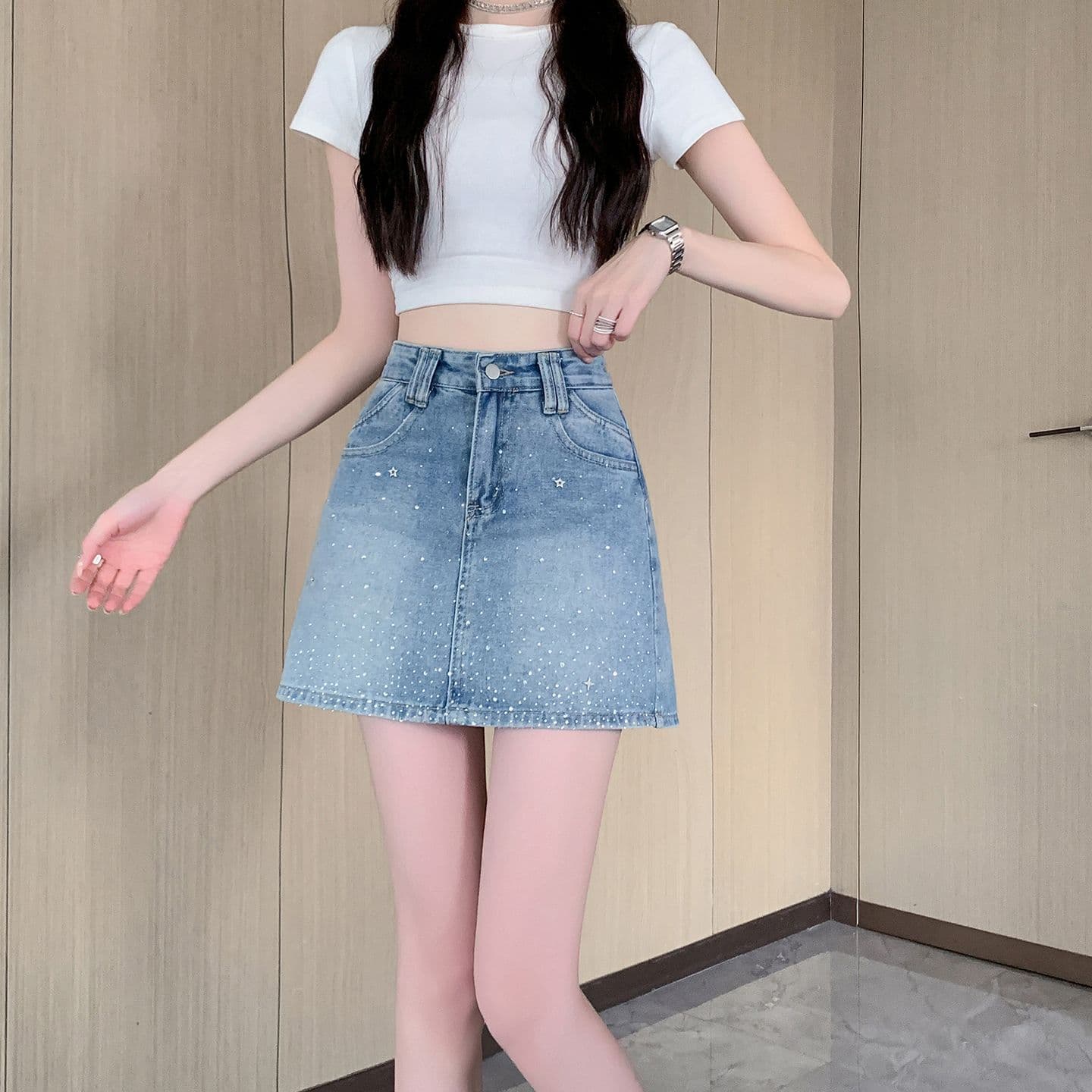 실사 한국 스타일 고급 센스 핫픽스 데님 반신 스커트 여성 여름 패션 레트로 슬림해 보이는 타이트 스커트 미니 스커트 이미지 4