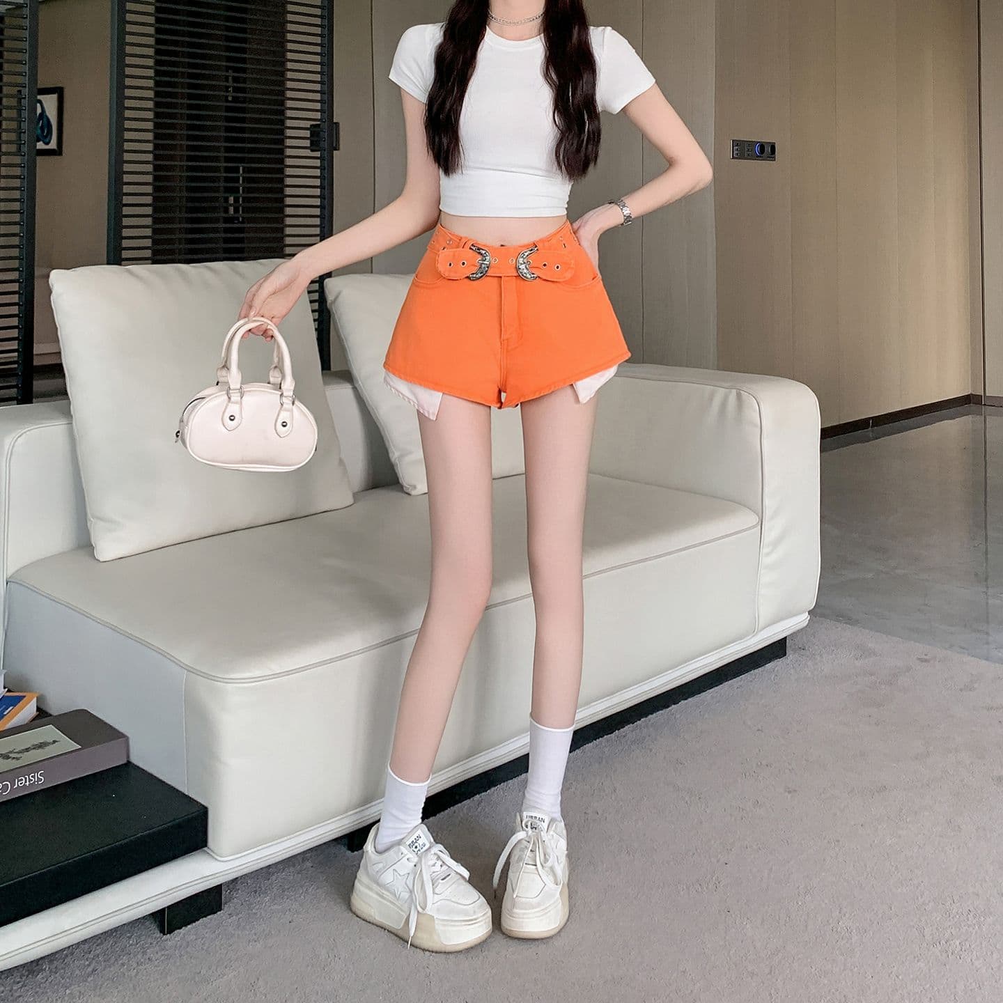 실사 여름 새로운 주황색 색상 핫걸 디스플레이 다리 길이 데님 반바지 하이웨이스트 다용도 누출 주머니 한 마디 핫 바지 상세 이미지 5
