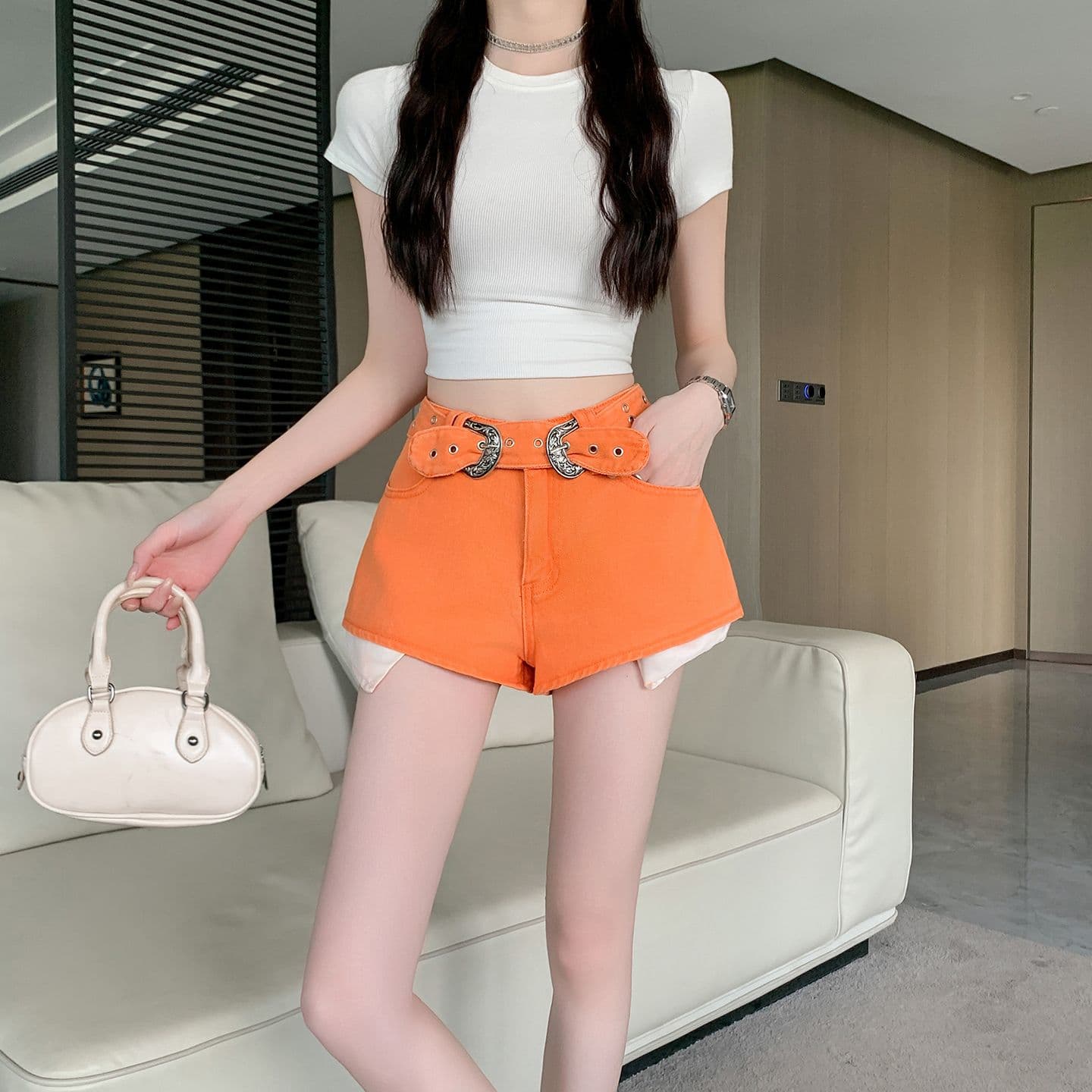 실사 여름 새로운 주황색 색상 핫걸 디스플레이 다리 길이 데님 반바지 하이웨이스트 다용도 누출 주머니 한 마디 핫 바지 상세 이미지 7