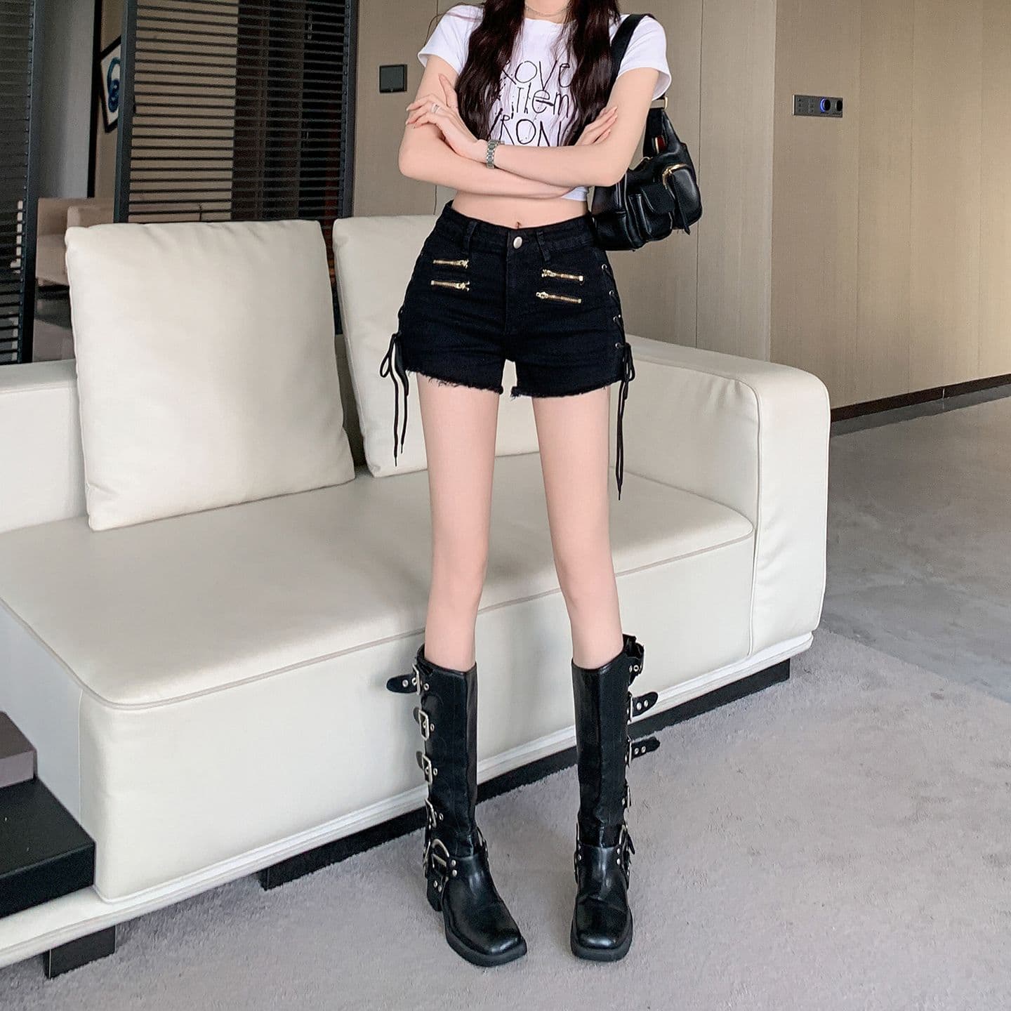 실사 핫걸 로우 웨이스트 데님 반바지 여성 여름 새로운 펌프 로프 거친 가장자리 몸매 가꾸기 슬림해 보이는 스트레이트 핫 바지 상세 이미지 5