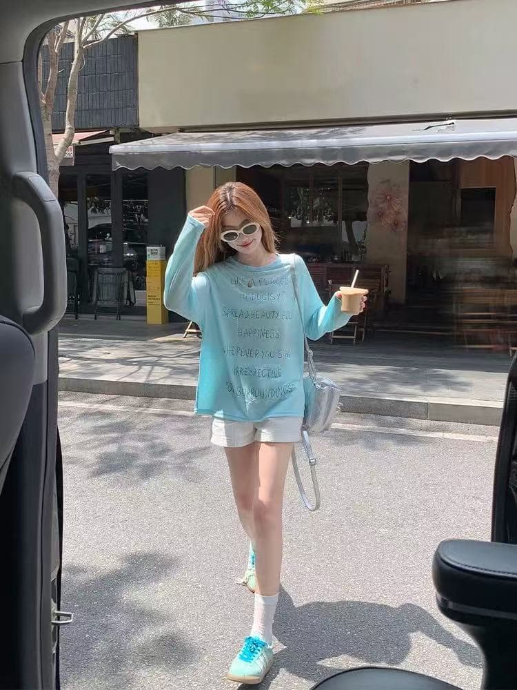한 부서 파란색 얇은 스타일 긴팔 티셔츠 여성 2026 여름 루즈핏 자외선 차단 블라우스 맨위 동정 해변가 휴가 상세 이미지 4