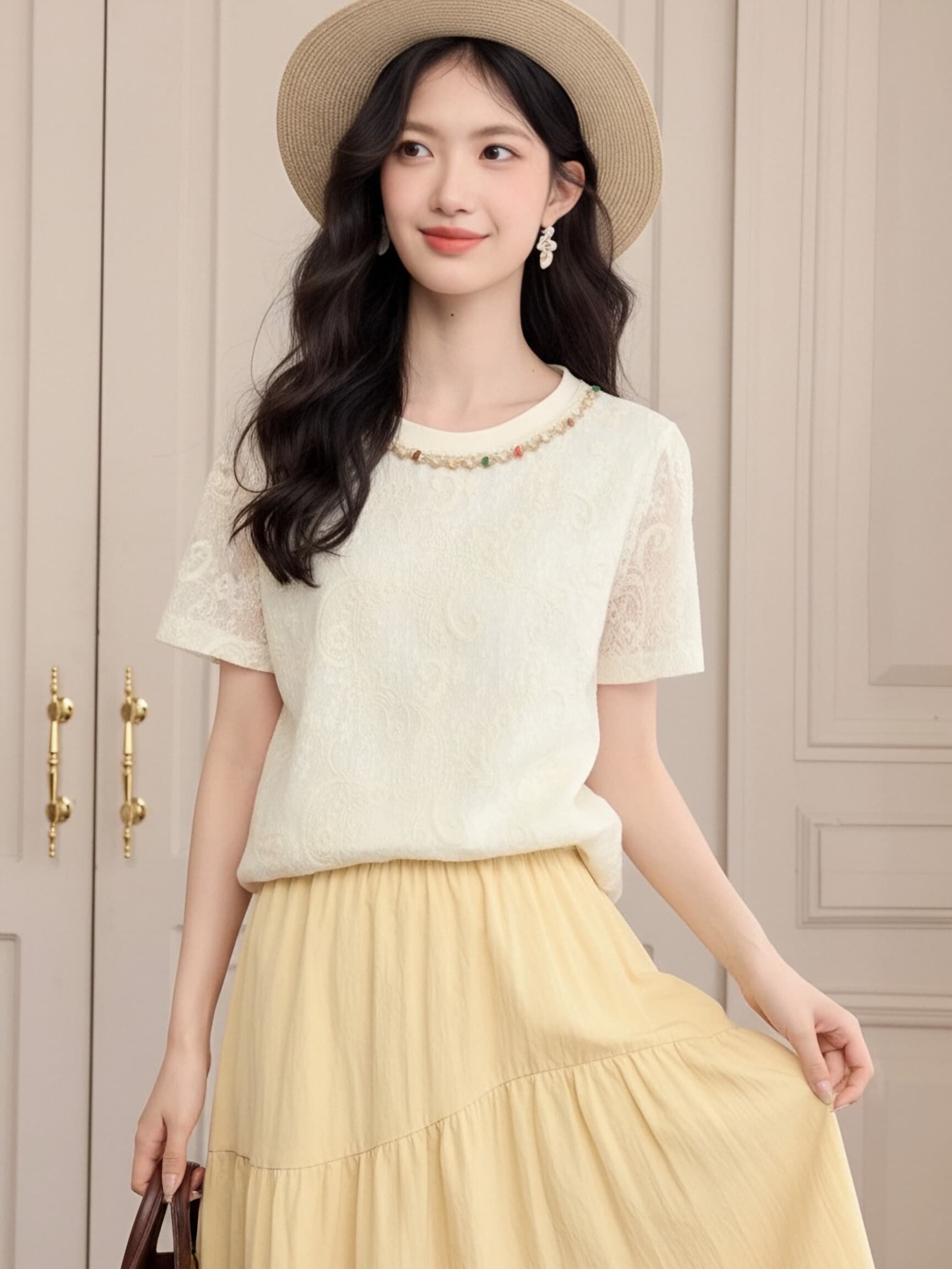 부드러운 바람 레이스 반팔 티셔츠 여성 여름 새로운 라운드 넥 부드러운 품격 다용도 슬림해 보이는 연령 감소 달콤함 맨위 상세 이미지 3