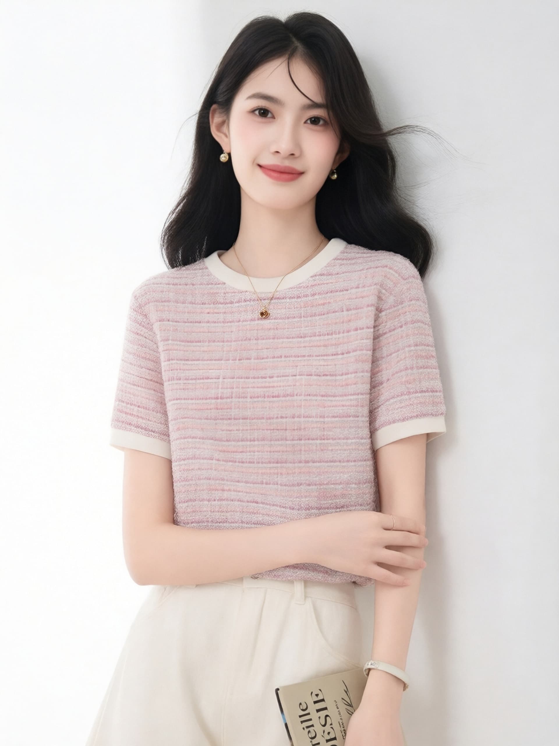 분말 보라색 작은 샤넬 스타일 스트라이프 반팔 티셔츠 여성 여름 새로운 배색 라운드 넥 부드러운 품격 다용도 슬림해 보이는 맨위 상세 이미지 8