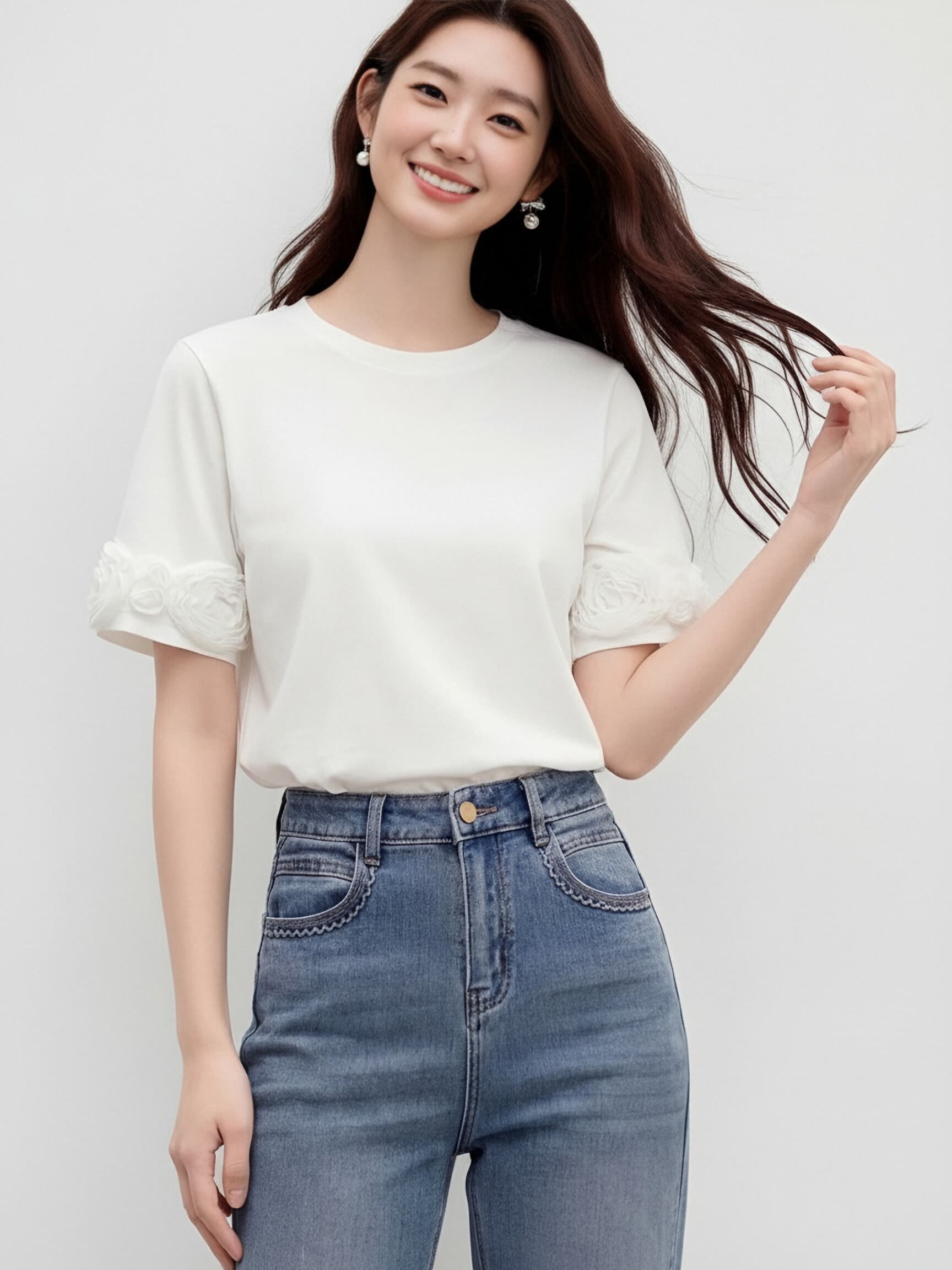 화이트 3 차원 꽃 반팔 티셔츠 여성 여름 새로운 라운드 넥 부드러운 품격 바람 다용도 슬림해 보이는 순면 맨위 상세 이미지 14