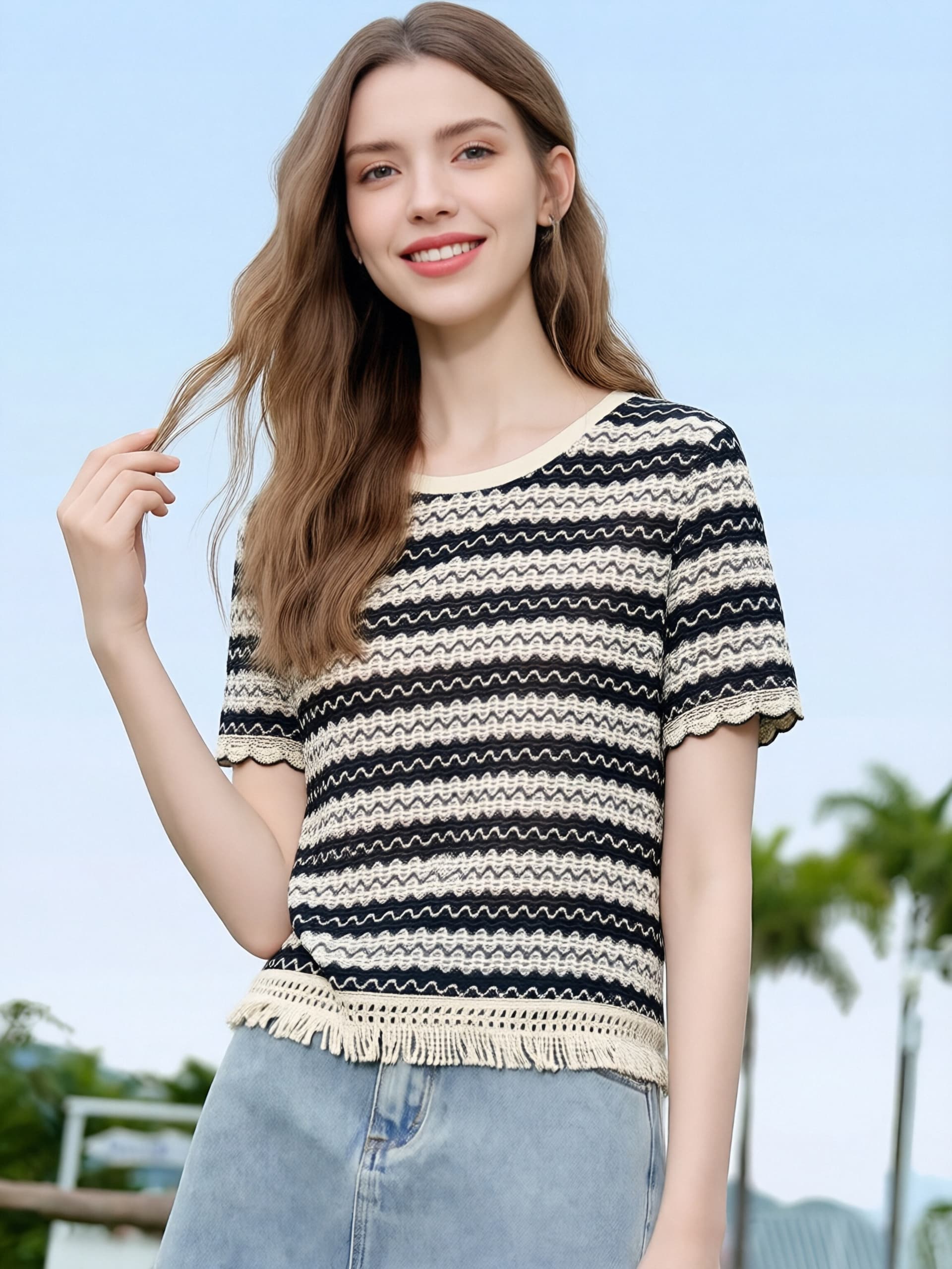 부드러운 바람 흑백 줄무늬 니트 티셔츠 여성 홀로우 아웃 술 밑단 디자인 작은 대중 품격 다용도 반팔 맨위 이미지 2