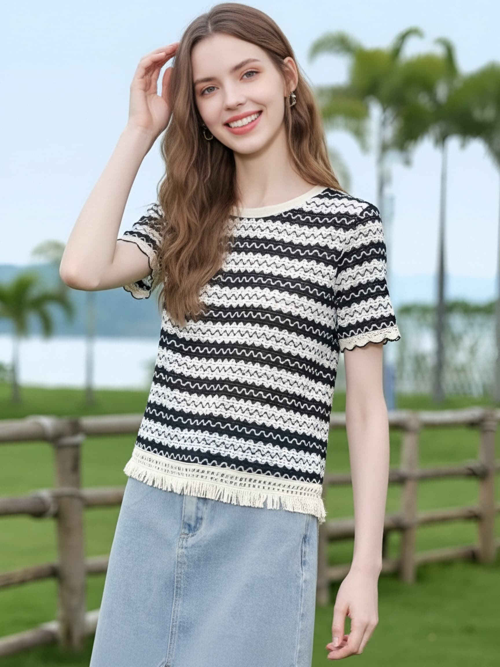 부드러운 바람 흑백 줄무늬 니트 티셔츠 여성 홀로우 아웃 술 밑단 디자인 작은 대중 품격 다용도 반팔 맨위 상세 이미지 7