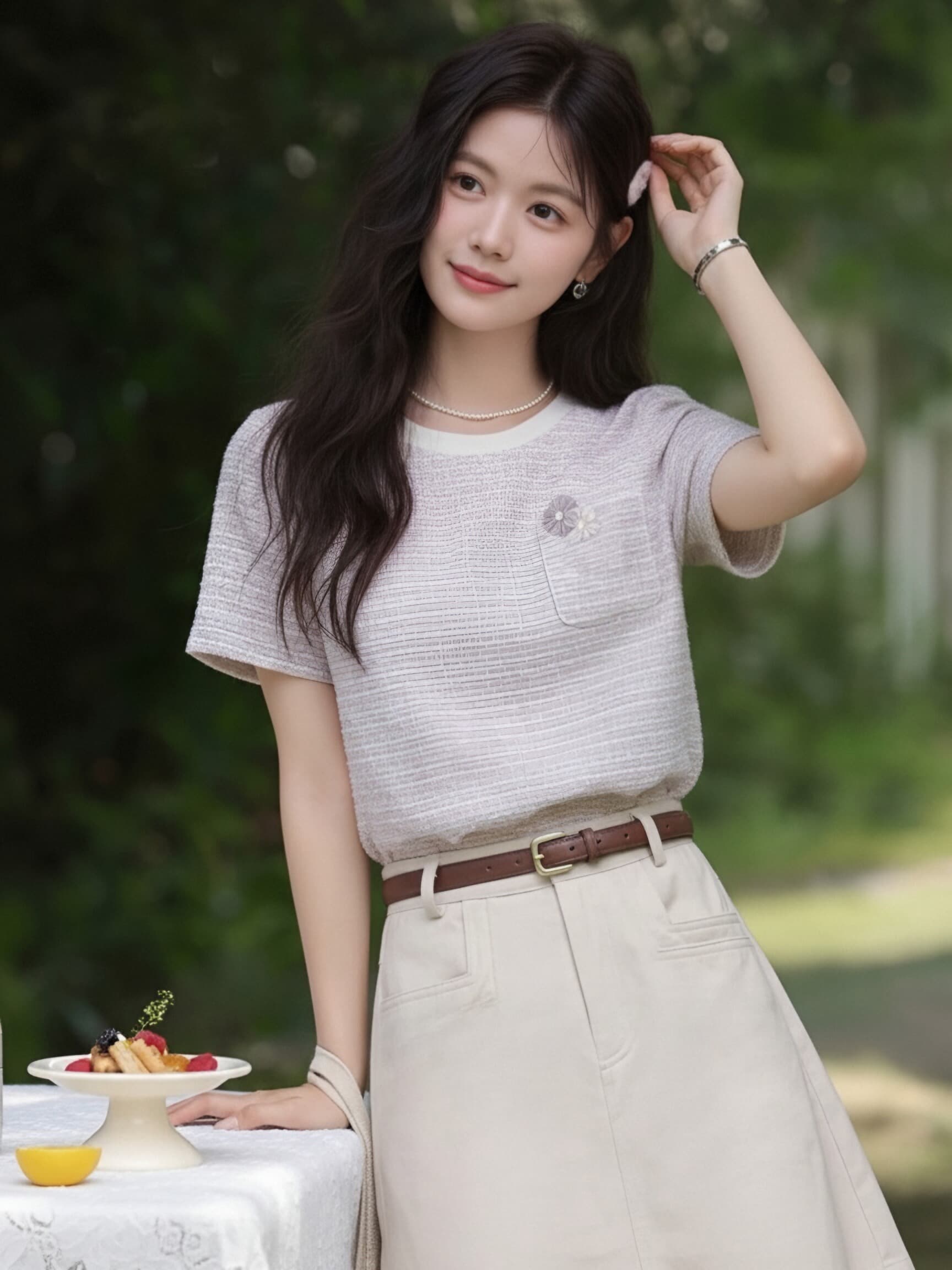 부드러운 바람 연한 자주색 작은 샤넬 스타일 티셔츠 여성 질감 센스 주머니 꽃 디자인 작은 대중 품격 다용도 반팔 맨위 이미지 2