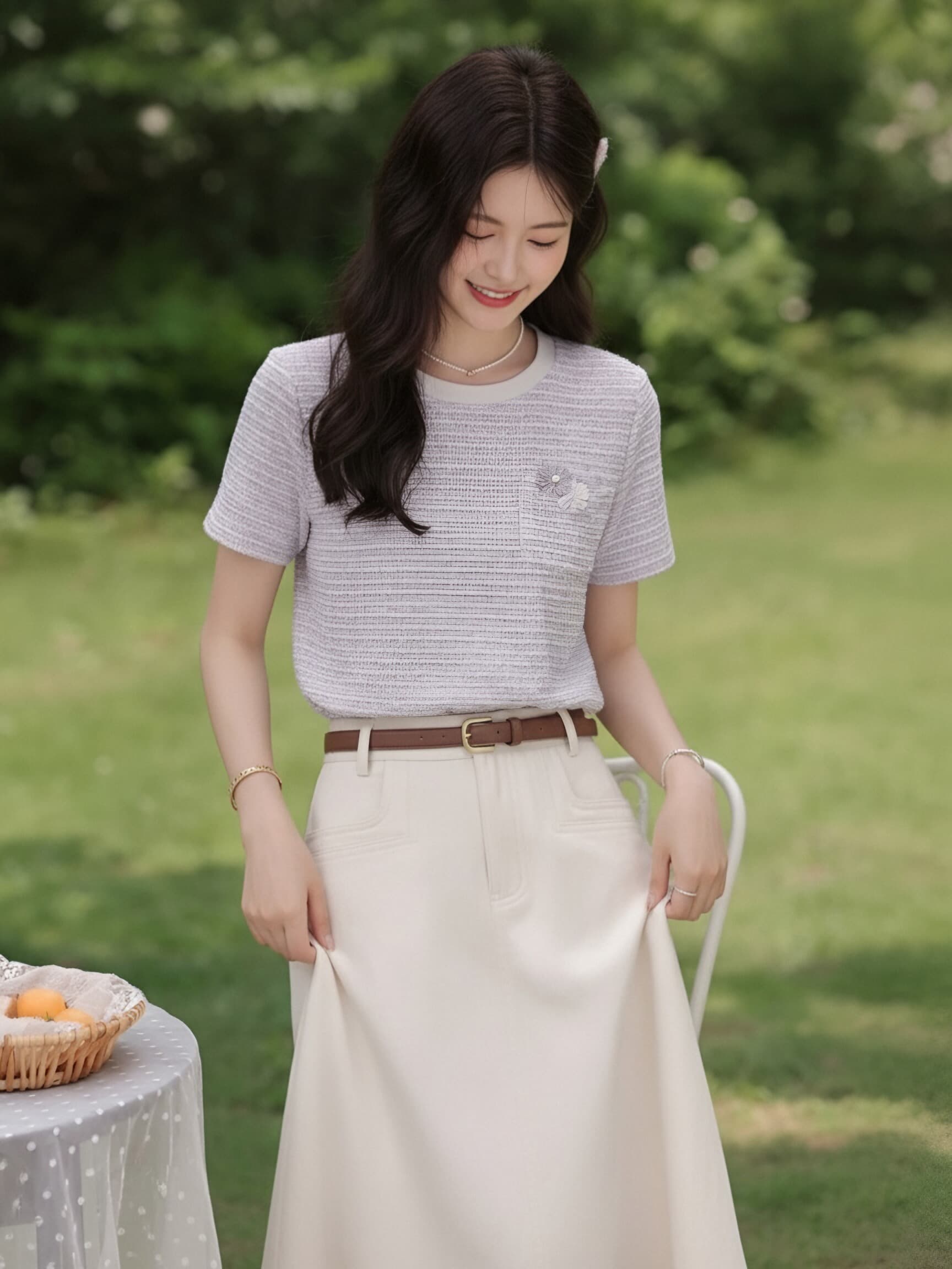 부드러운 바람 연한 자주색 작은 샤넬 스타일 티셔츠 여성 질감 센스 주머니 꽃 디자인 작은 대중 품격 다용도 반팔 맨위 이미지 3