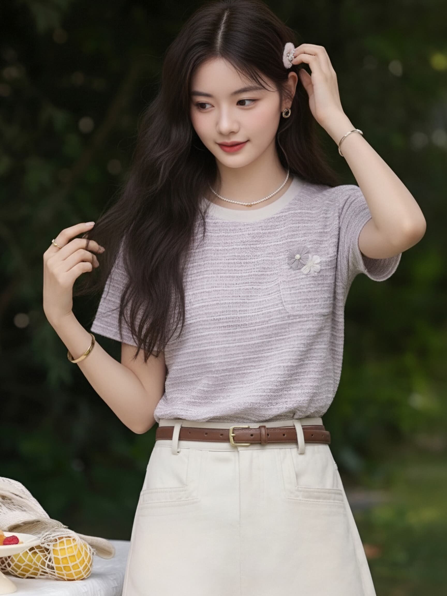 부드러운 바람 연한 자주색 작은 샤넬 스타일 티셔츠 여성 질감 센스 주머니 꽃 디자인 작은 대중 품격 다용도 반팔 맨위 상세 이미지 9