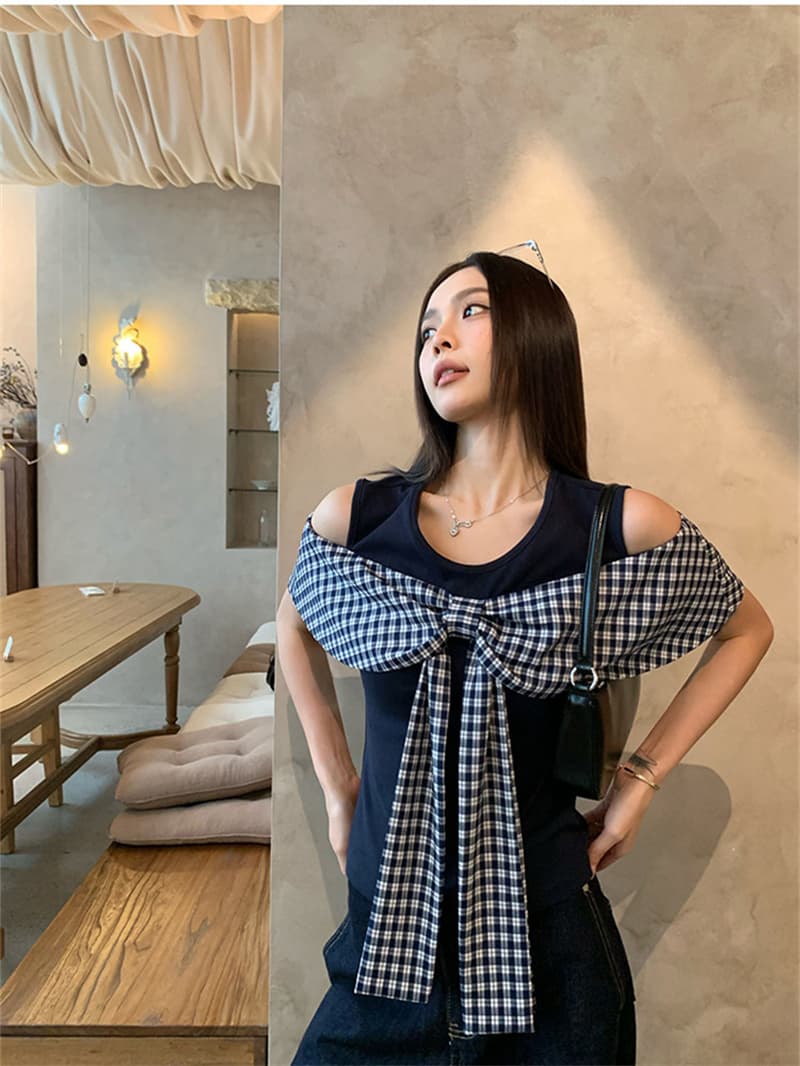원본 원단 것 도트 무늬 페이크 레이어드 반팔 티셔츠 여름 한 부서 나비 매듭 오프숄더 맨위 상세 이미지 28