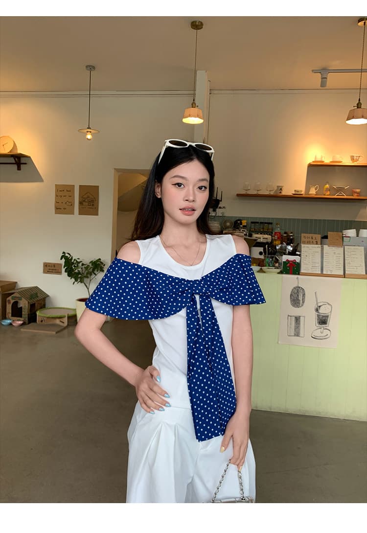 원본 원단 것 도트 무늬 페이크 레이어드 반팔 티셔츠 여름 한 부서 나비 매듭 오프숄더 맨위 상세 이미지 34