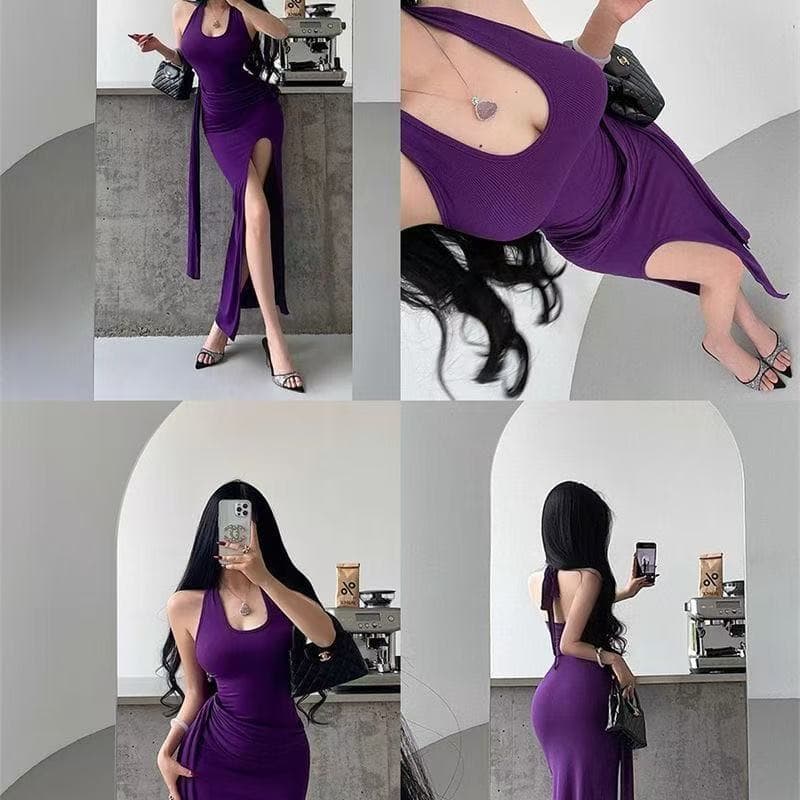 순수한 욕망 섹시함 바람 몸매 가꾸기 슬림해 보이는 주름 행침 목 여성 드레스 고급 센스 단색 백리스 트임 롱 스커트 상세 이미지 5