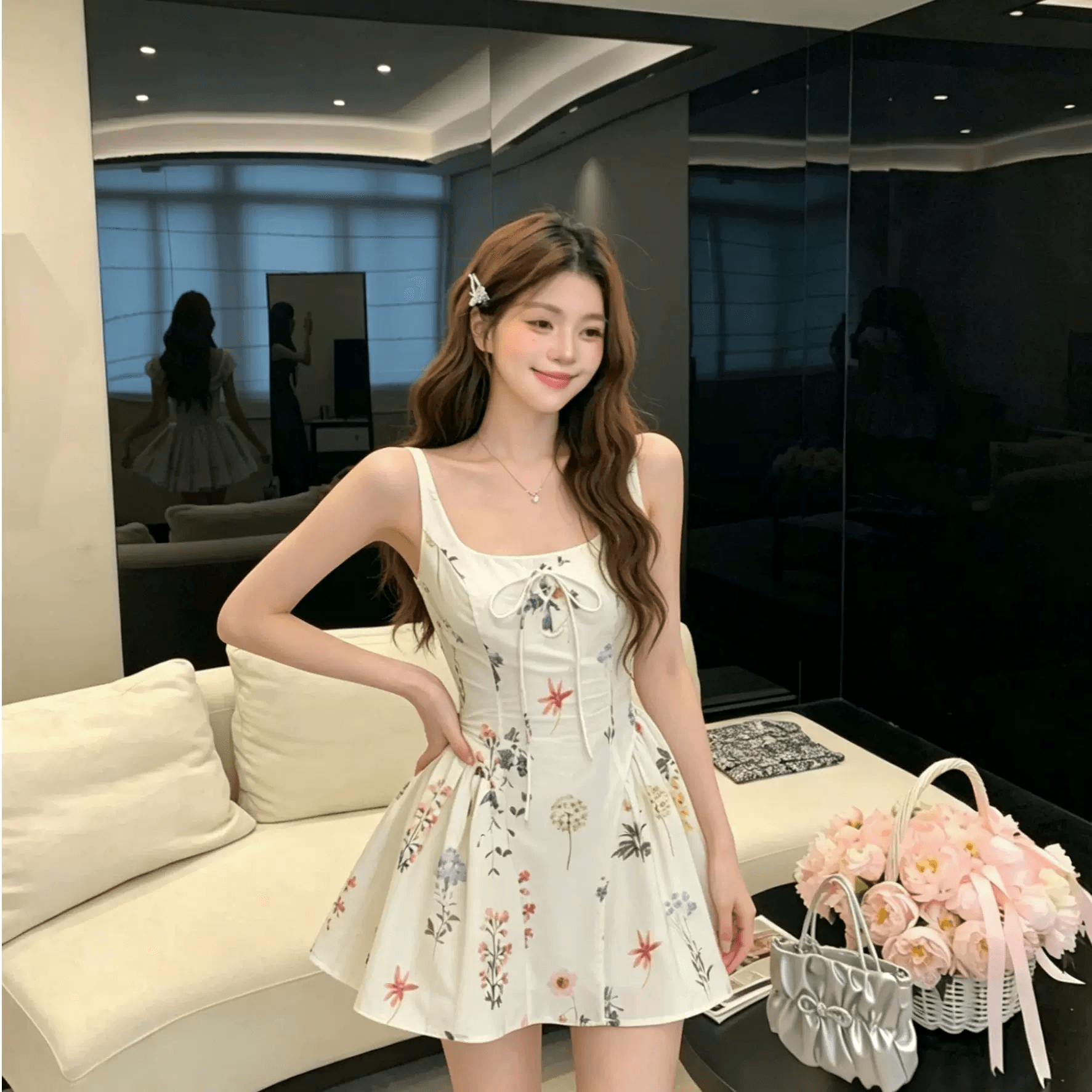 이중층 세트 인사이드 순면 워터 마크 치마 아이들 여름 슬림해 보이는 허리 수축 레이스업 꽃무늬 드레스 공주 센스 슬립 드레스 상세 이미지 2