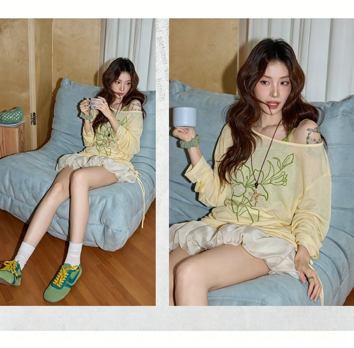 한 부서 비스듬한 어깨 자외선 차단 블라우스 여성 여름 해변가 휴가 오프숄더 얇은 스타일 긴팔 황색 맨위 투피스 세트 상세 이미지 8