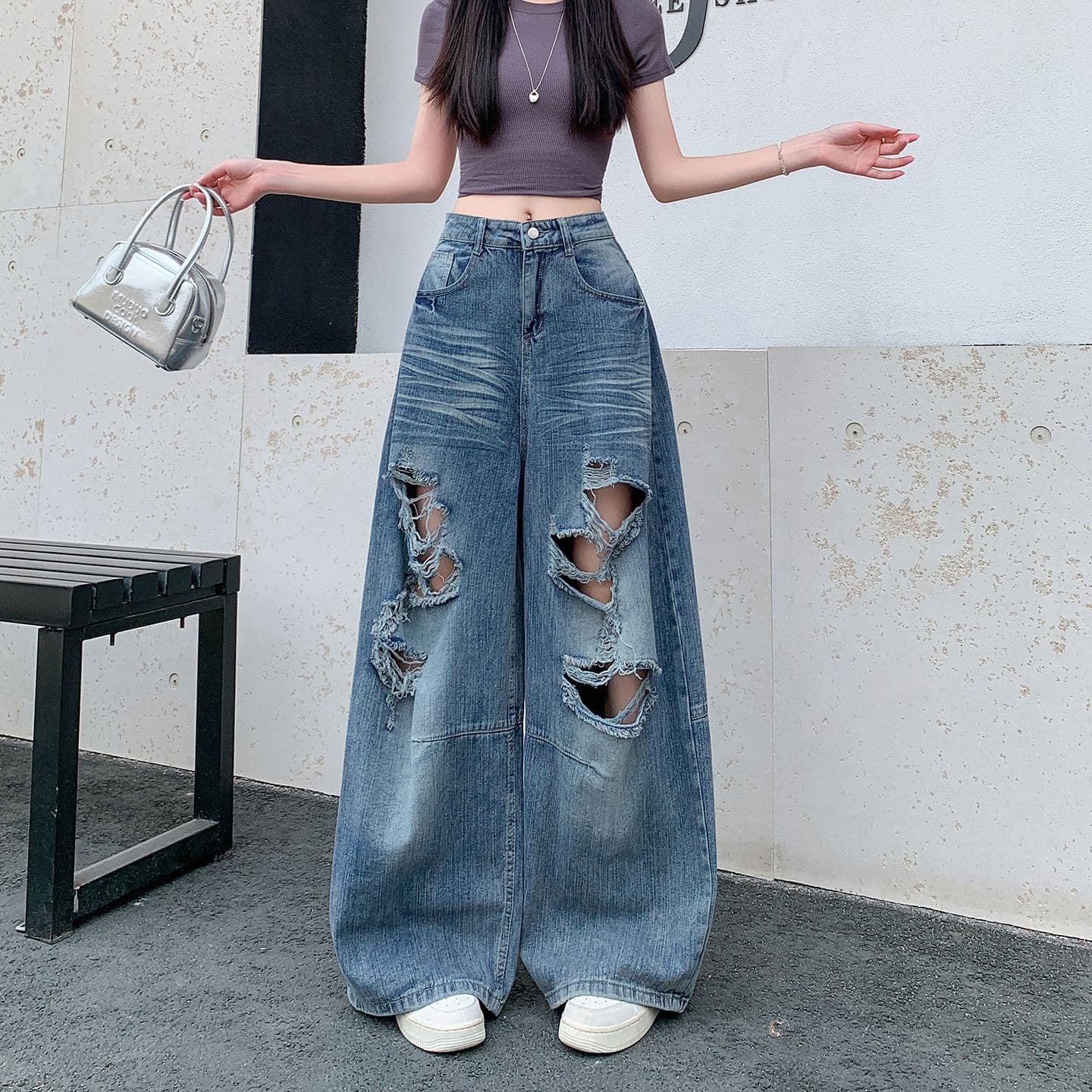 실사 새로운 레트로 워싱 마 오래된 찢어진 부분 청바지 여성 여름 루즈핏 bf 느긋한 바람 넓은 다리 바닥 청소 바지 상세 이미지 1
