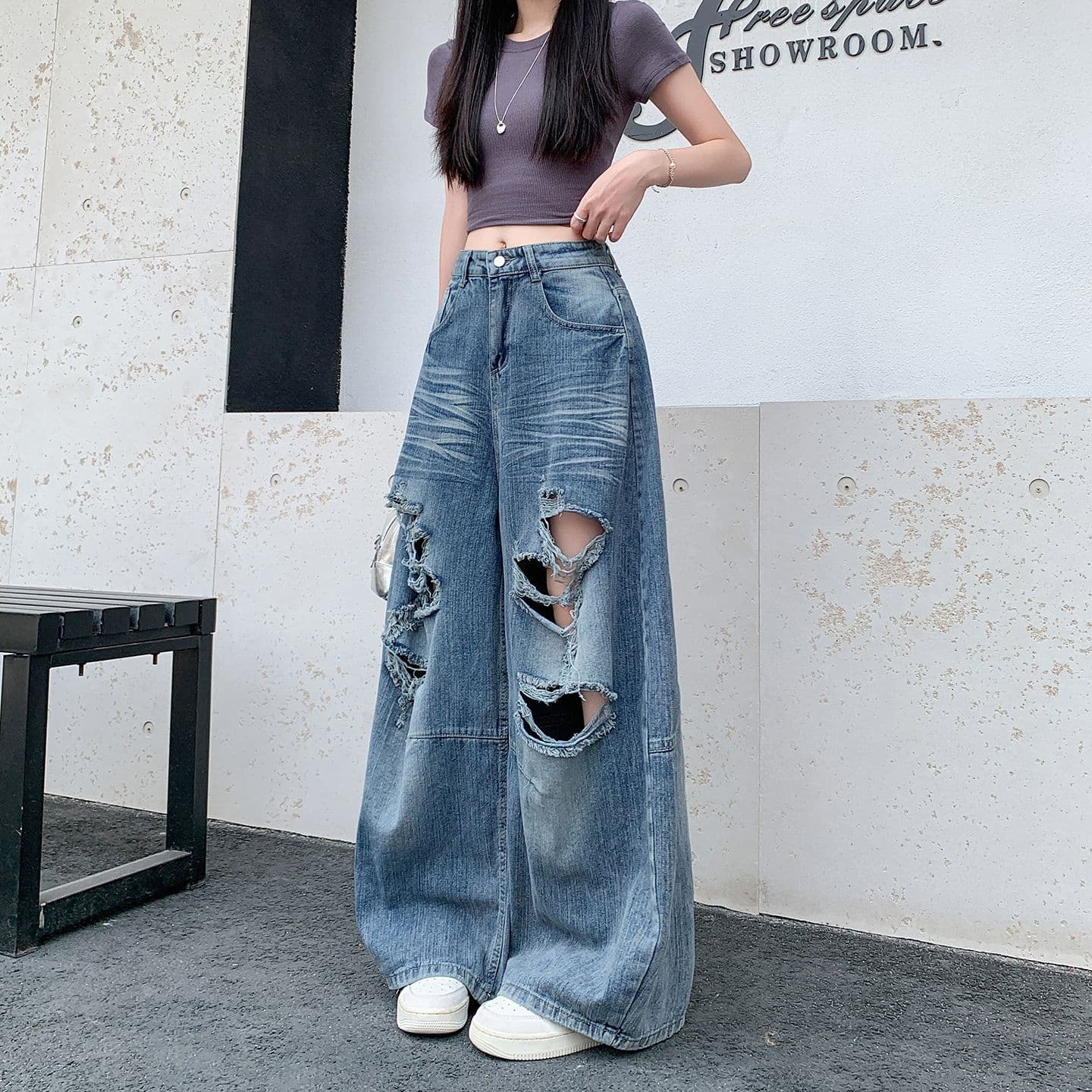 실사 새로운 레트로 워싱 마 오래된 찢어진 부분 청바지 여성 여름 루즈핏 bf 느긋한 바람 넓은 다리 바닥 청소 바지 상세 이미지 2