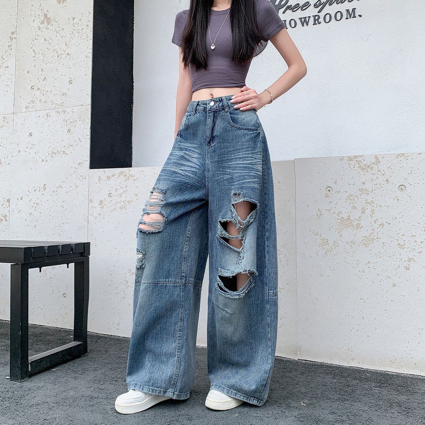 실사 새로운 레트로 워싱 마 오래된 찢어진 부분 청바지 여성 여름 루즈핏 bf 느긋한 바람 넓은 다리 바닥 청소 바지 상세 이미지 3