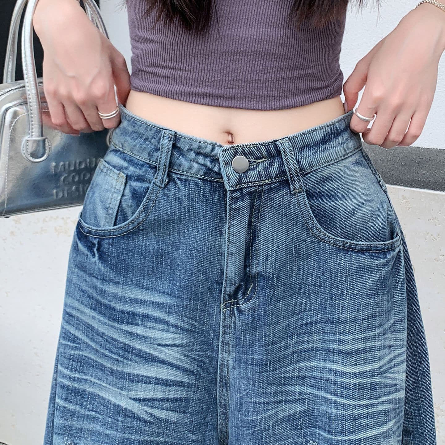 실사 새로운 레트로 워싱 마 오래된 찢어진 부분 청바지 여성 여름 루즈핏 bf 느긋한 바람 넓은 다리 바닥 청소 바지 상세 이미지 12