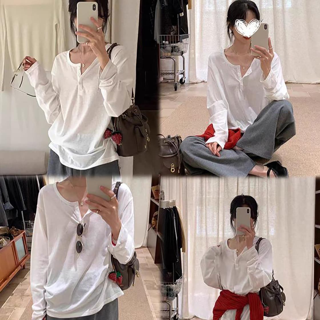 눈꽃 면 165 그램 반 개방 칼라 마이크로 ~을 통해 자외선 차단 블라우스 루즈핏 느긋한 바람 슬림해 보이는 긴팔 티셔츠 이미지 5