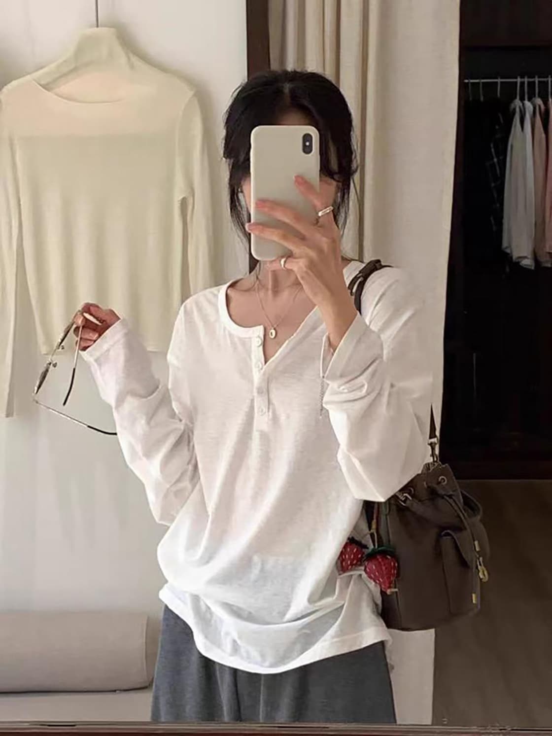 눈꽃 면 165 그램 반 개방 칼라 마이크로 ~을 통해 자외선 차단 블라우스 루즈핏 느긋한 바람 슬림해 보이는 긴팔 티셔츠