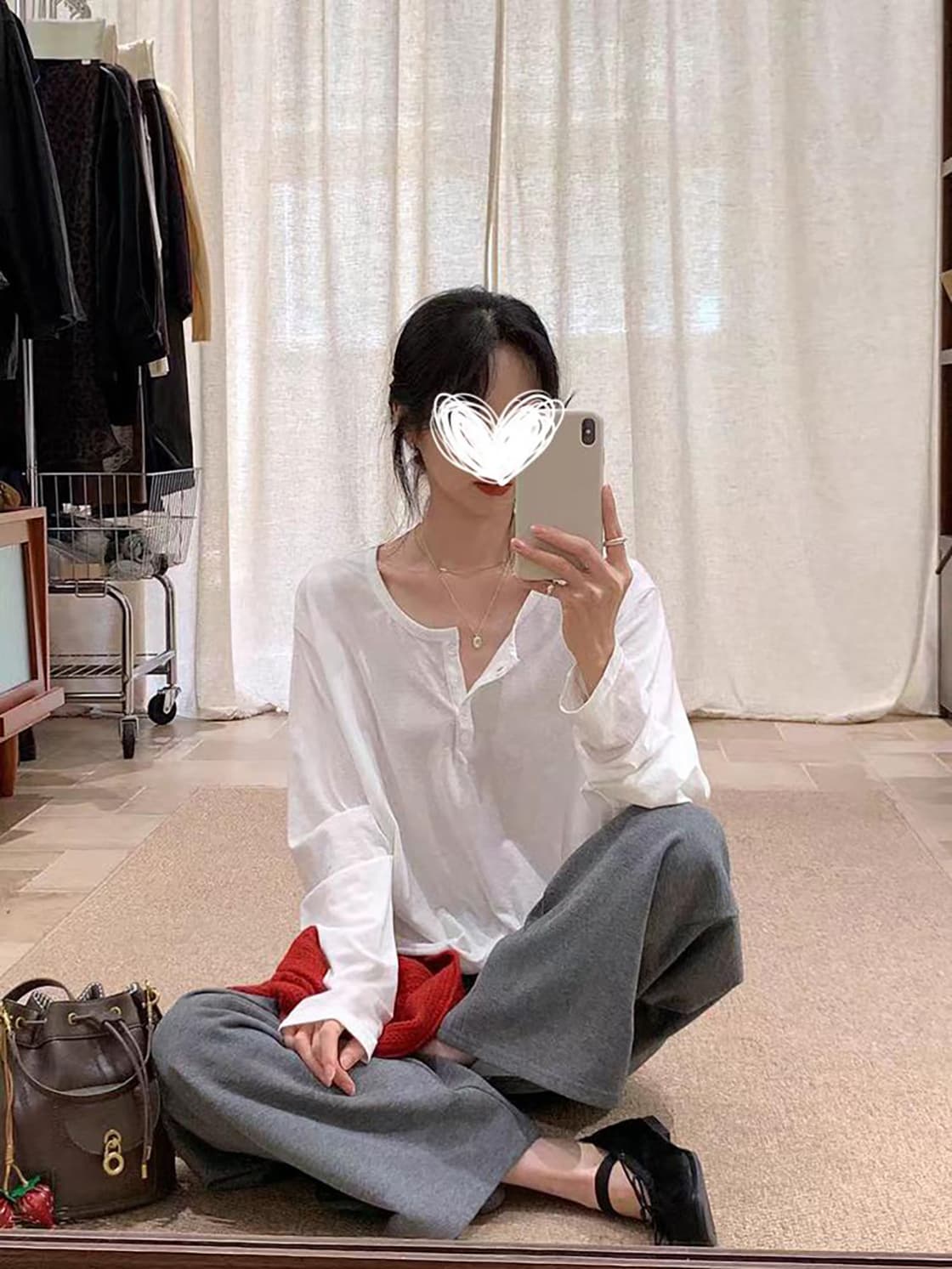 눈꽃 면 165 그램 반 개방 칼라 마이크로 ~을 통해 자외선 차단 블라우스 루즈핏 느긋한 바람 슬림해 보이는 긴팔 티셔츠 이미지 4
