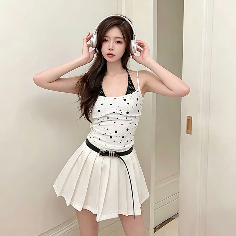 아메리칸 핫걸 패치워크 도트 무늬 행침 목 페이크 레이어드 캐미솔 여름 외출용 백리스 민소매 맨위 상세 이미지 2
