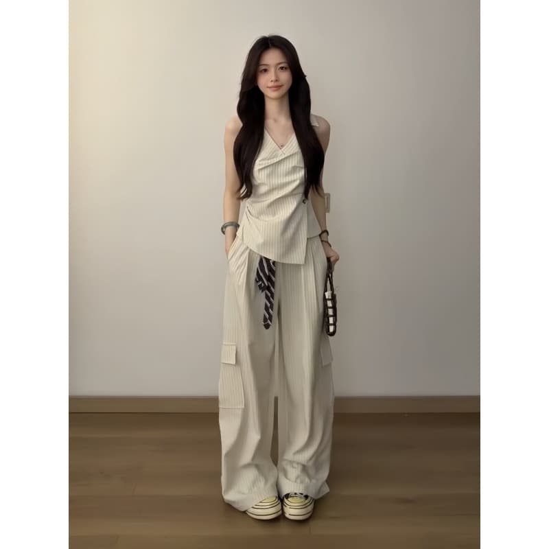 한 부서 고급 센스 운동복 세트 여성 여름 패션 외국 가스 민소매 맨위 와이드 레그 팬츠 캐주얼 투피스 세트 트렌디 이미지 3