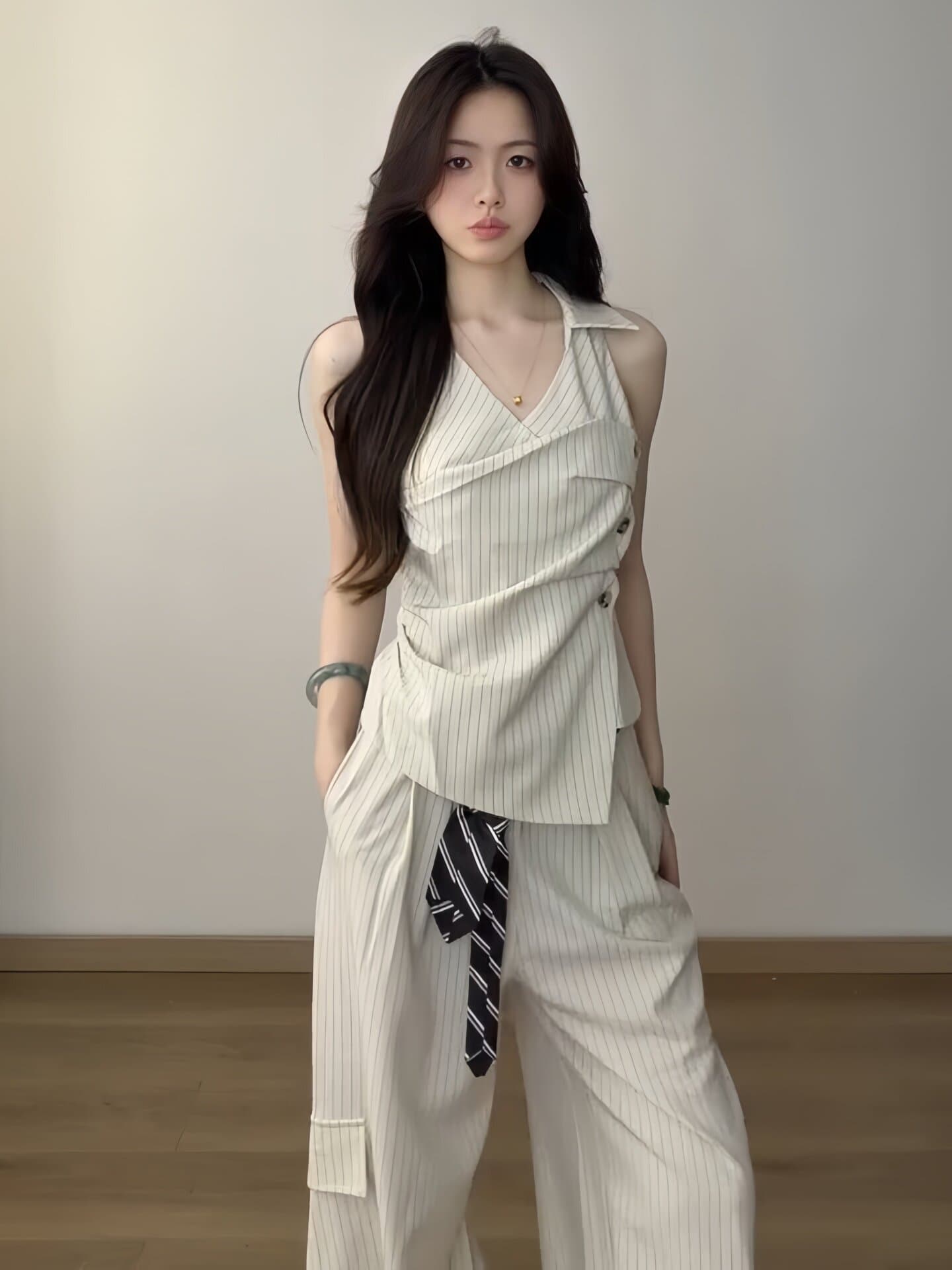 한 부서 고급 센스 운동복 세트 여성 여름 패션 외국 가스 민소매 맨위 와이드 레그 팬츠 캐주얼 투피스 세트 트렌디 상세 이미지 3