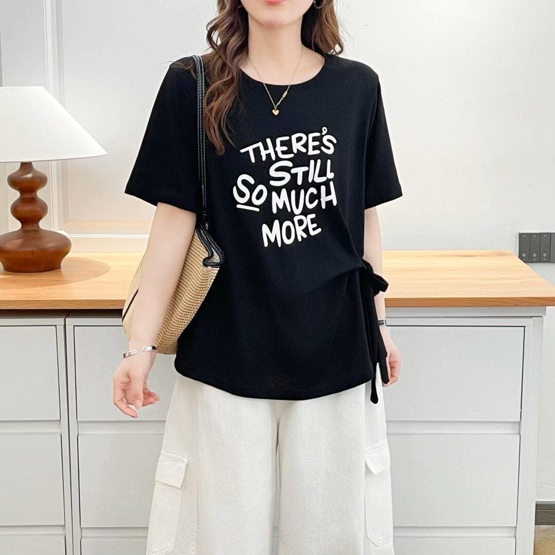 빅 사이즈 여성 의류 여름 새로운 레이스업 프린트 라운드 넥 반팔 여성 루즈핏 슬림해 보이는 티셔츠 상세 이미지 13