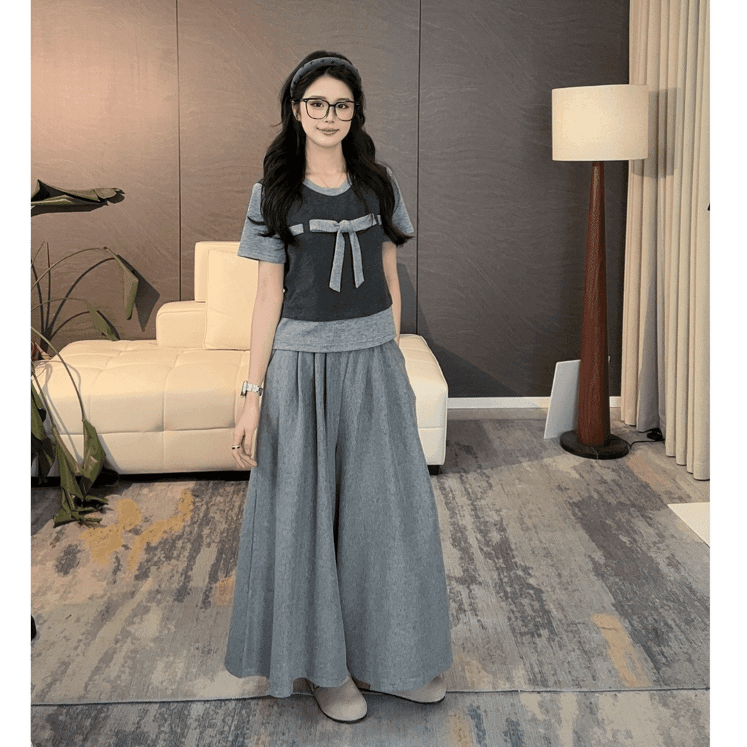 원본 솜씨 원본 원단 남자 바 면 학원 스타일 패치워크 나비 매듭 반팔 와이드 레그 팬츠 투피스 슈트 여성 여름 상세 이미지 11