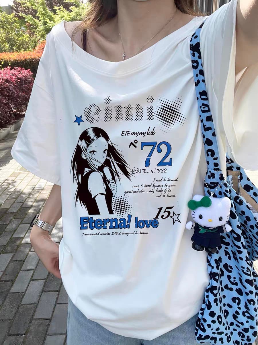 220 그램 92 면 8 암모니아 Lun 아메리칸 핫걸 비스듬한 어깨 알파벳 프린트 반팔 티셔츠 여성 이미지 3