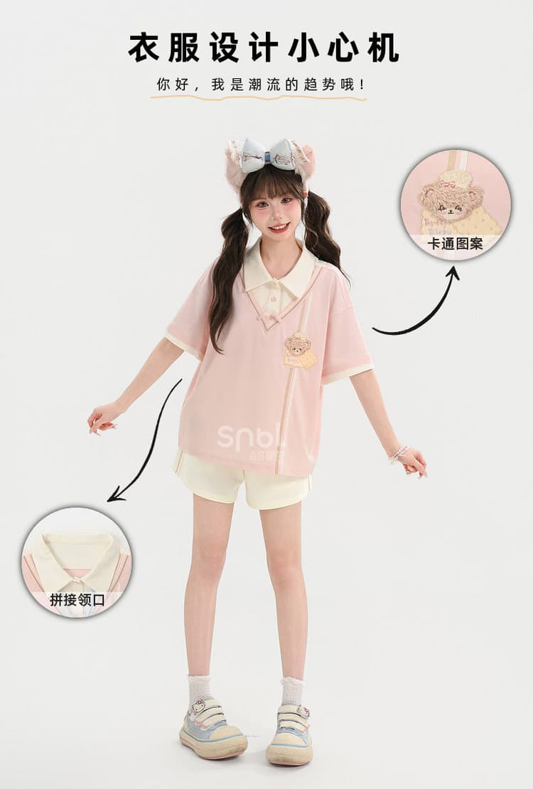 220 그램 순면 반팔 티셔츠 여성 의류 여름 새로운 디자인 센스 만화 자수 POLO 칼라 맨위 상세 이미지 9