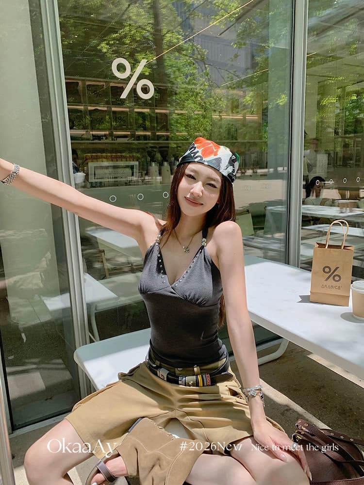 핫걸 V넥 몸매 가꾸기 풀오버 징 캐미솔 여름 디자인 센스 작은 대중 섹시함 백리스 맨위 상세 이미지 15