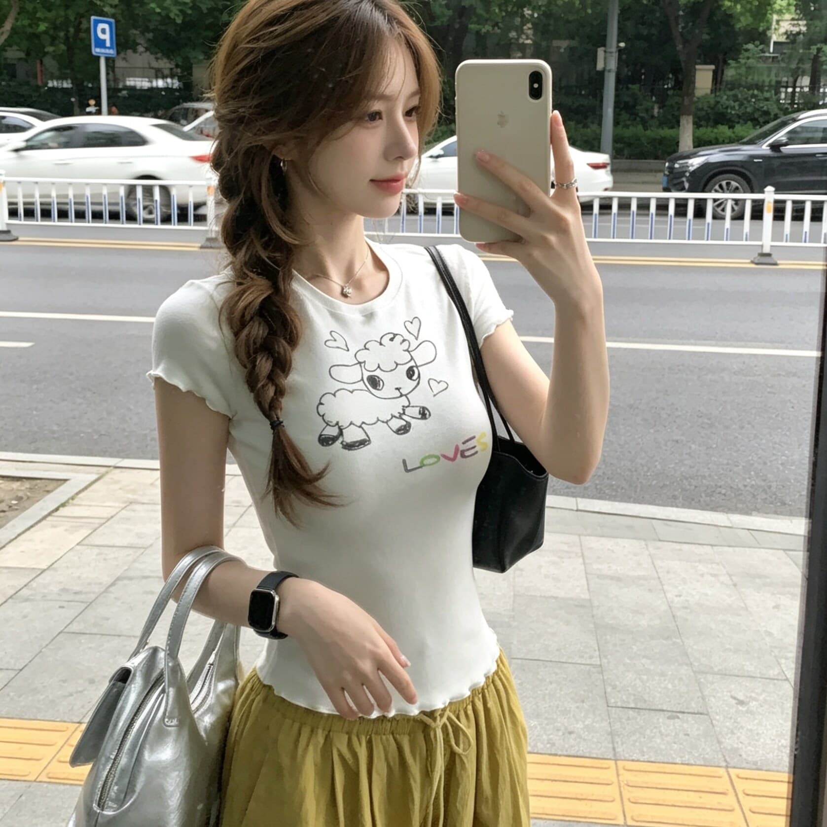 캐주얼 느긋한 바람 화이트 반팔 티셔츠 여성 어린 양 프린트 하트 레이스 신선함 밝은 맨위 여름 새로운