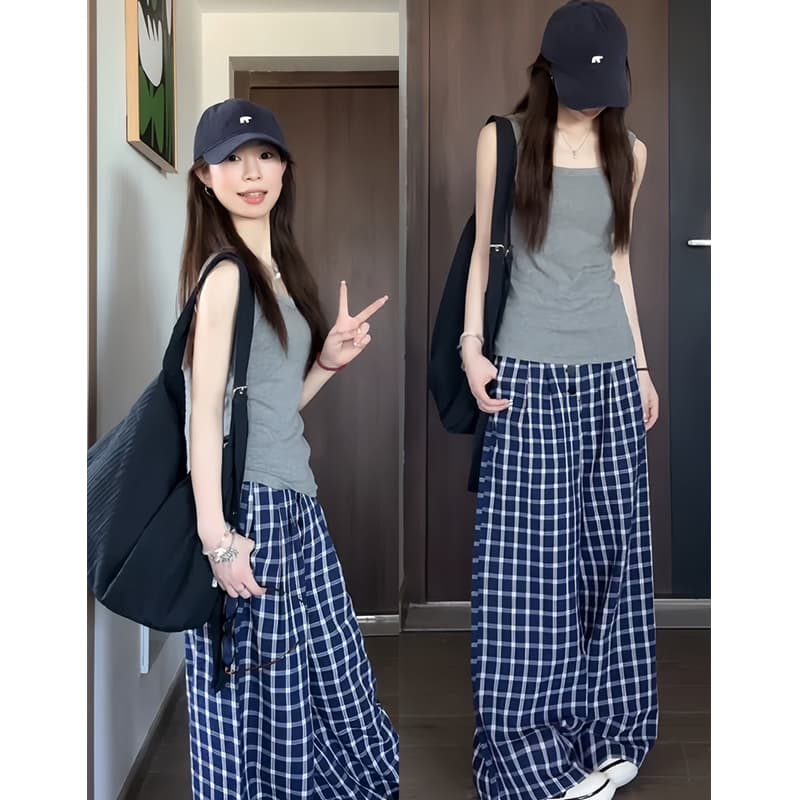 하이웨이스트 체크무늬 와이드 레그 팬츠 아이들 여름 얇은 스타일 레트로 느긋한 바람 도루 센스 캐주얼 굴곡 바지