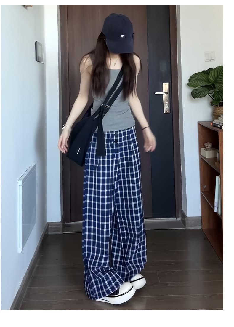 하이웨이스트 체크무늬 와이드 레그 팬츠 아이들 여름 얇은 스타일 레트로 느긋한 바람 도루 센스 캐주얼 굴곡 바지 상세 이미지 9