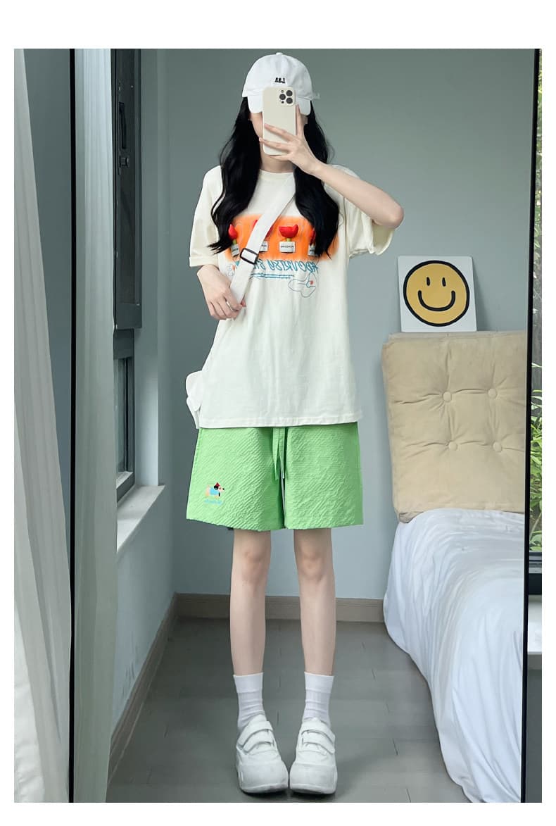 자수 6 하나 색상 도파민 캐주얼 오부 바지 여성 여름 얇은 스타일 다용도 운동 반바지 상세 이미지 12