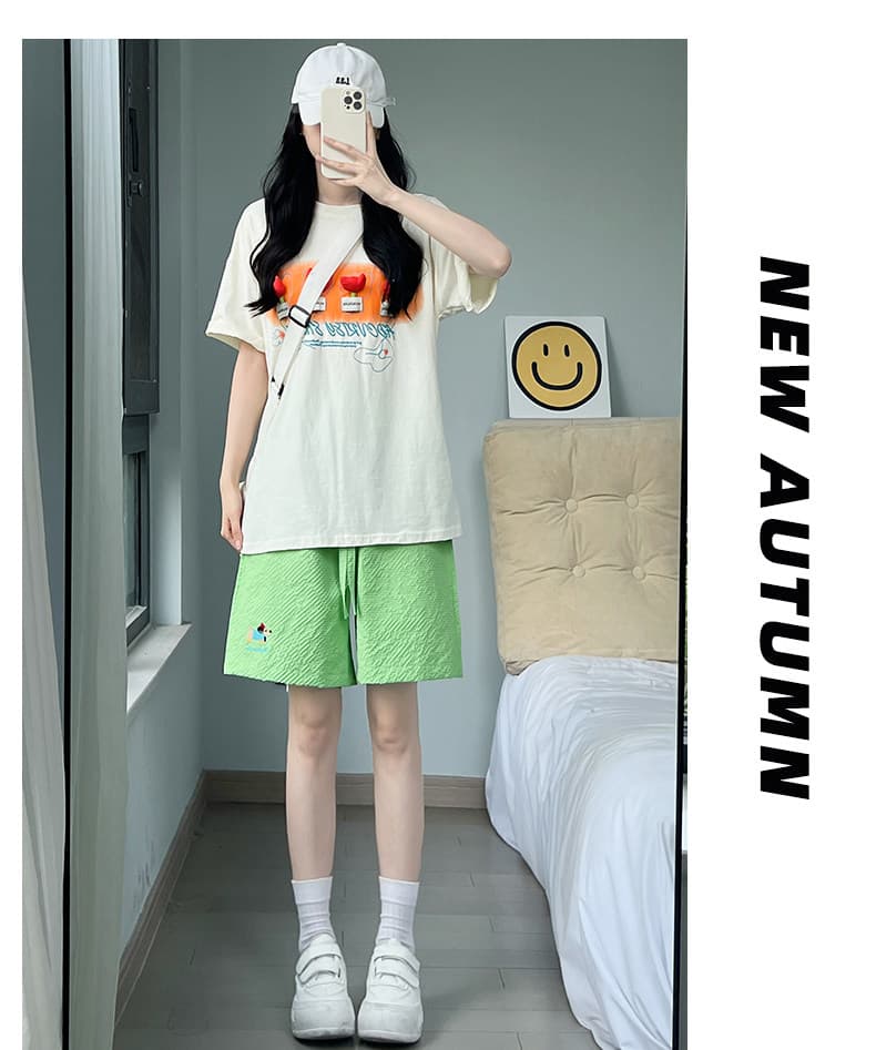 자수 6 하나 색상 도파민 캐주얼 오부 바지 여성 여름 얇은 스타일 다용도 운동 반바지 상세 이미지 13