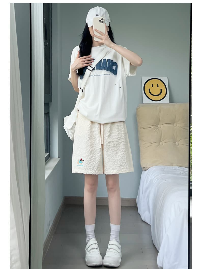자수 6 하나 색상 도파민 캐주얼 오부 바지 여성 여름 얇은 스타일 다용도 운동 반바지 상세 이미지 17