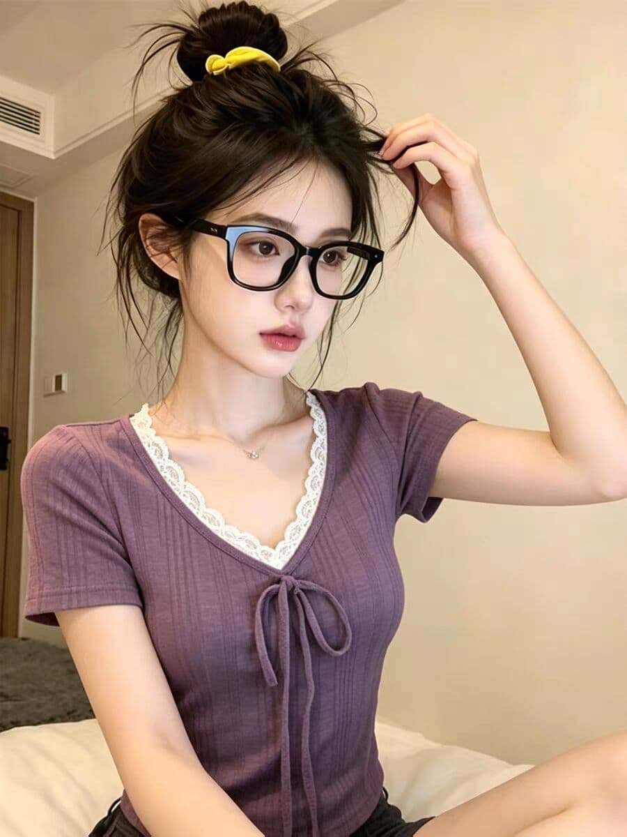 원본 원단 등나무 안개 언어 순수한 욕망 레이스 레이스 패치워크 V넥 반팔 티셔츠 여성 몸매 가꾸기 맨위 상세 이미지 5