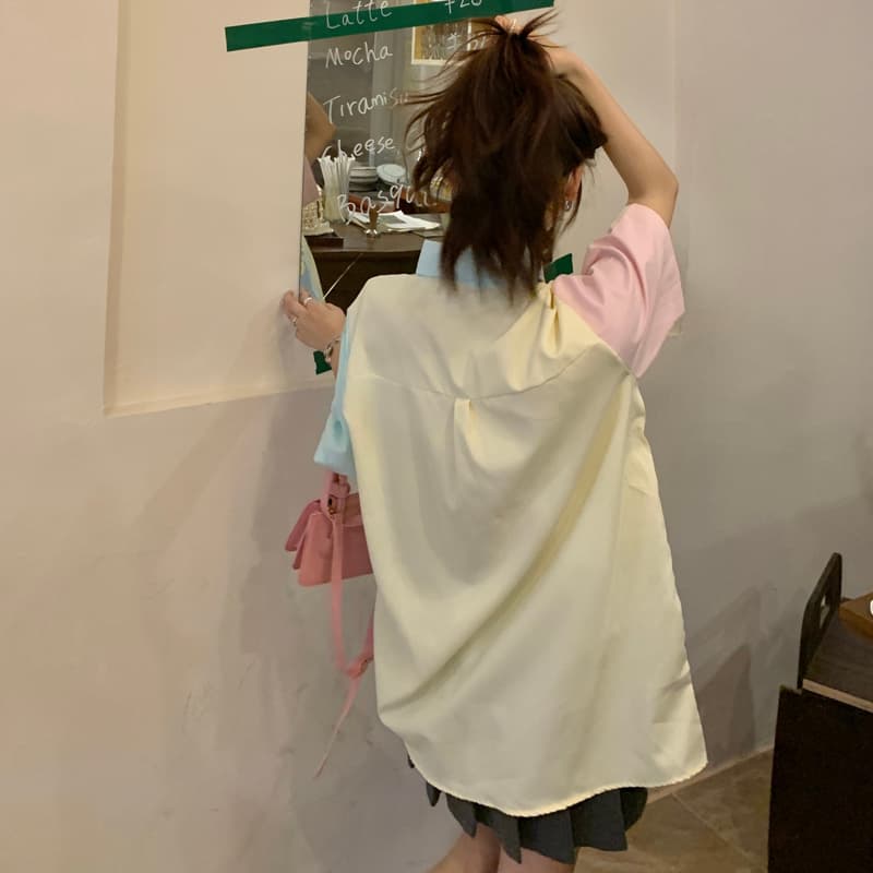 실사 디자인 센스 작은 대중 말 카드 용 배색 반팔 여성 셔츠 여름 루즈핏 한 부서 느긋한 바람 워크웨어 반소매 이미지 5
