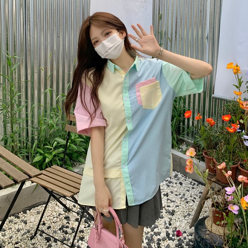 실사 디자인 센스 작은 대중 말 카드 용 배색 반팔 여성 셔츠 여름 루즈핏 한 부서 느긋한 바람 워크웨어 반소매 상세 이미지 2