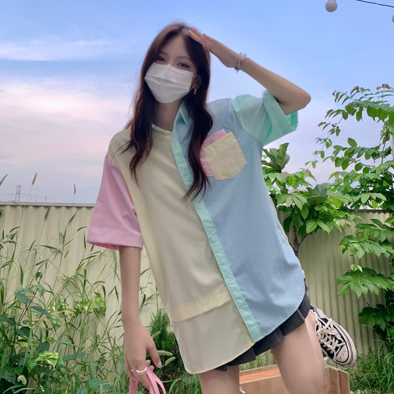 실사 디자인 센스 작은 대중 말 카드 용 배색 반팔 여성 셔츠 여름 루즈핏 한 부서 느긋한 바람 워크웨어 반소매 상세 이미지 3