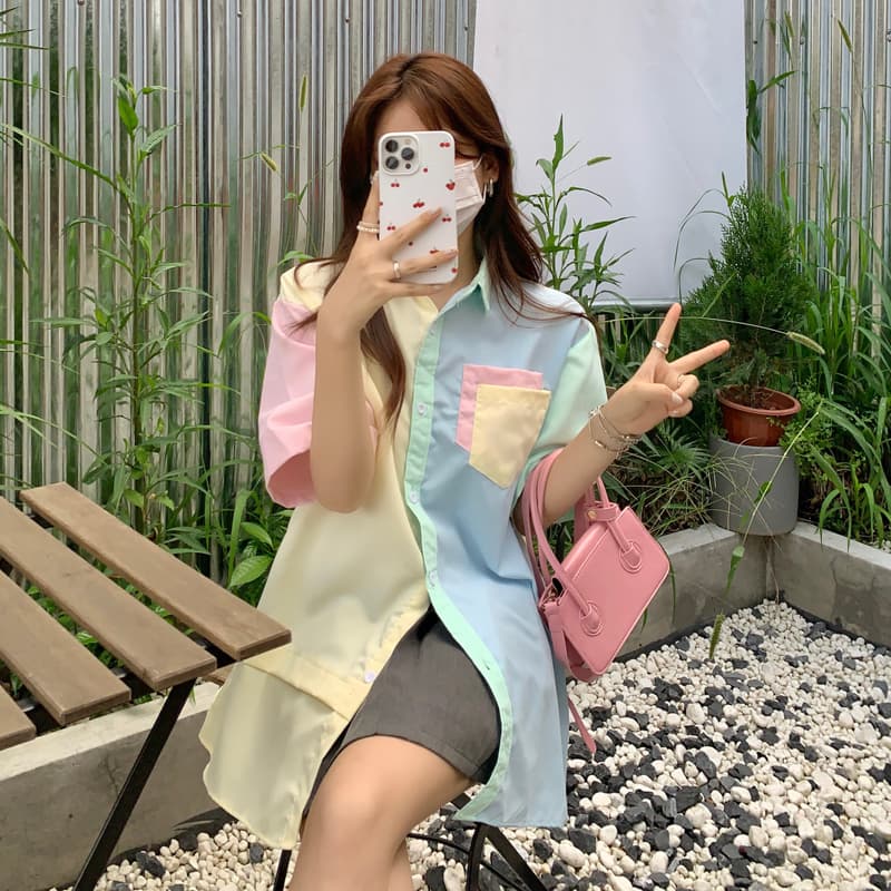 실사 디자인 센스 작은 대중 말 카드 용 배색 반팔 여성 셔츠 여름 루즈핏 한 부서 느긋한 바람 워크웨어 반소매 상세 이미지 5