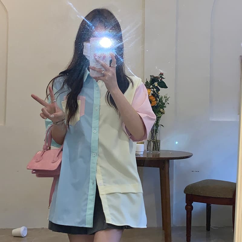 실사 디자인 센스 작은 대중 말 카드 용 배색 반팔 여성 셔츠 여름 루즈핏 한 부서 느긋한 바람 워크웨어 반소매 상세 이미지 10